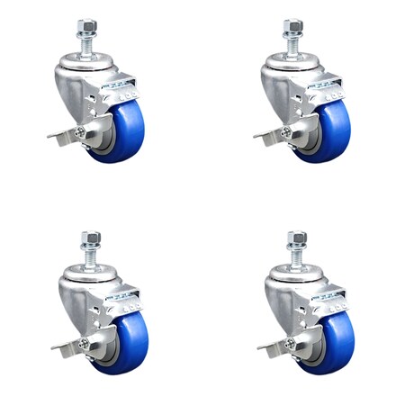 Service Caster 3 Inch SS Blue Polyurethane Wheel Swivel 1/2 Inch Threaded Stem Caster Set Brake SCC-SSTS20S314-PPUB-BLU-TLB-121315-4